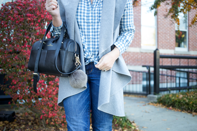 Grey Circle Vest via @maeamor Blue Gingham Button Down, High-Waisted Jeans, Black Ankle Boots