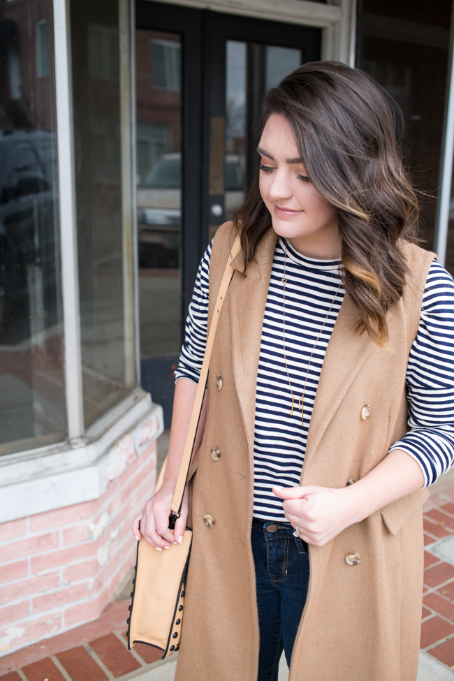 Sleeveless Coat, Flare Jeans, + Striped Tee via @maeamor