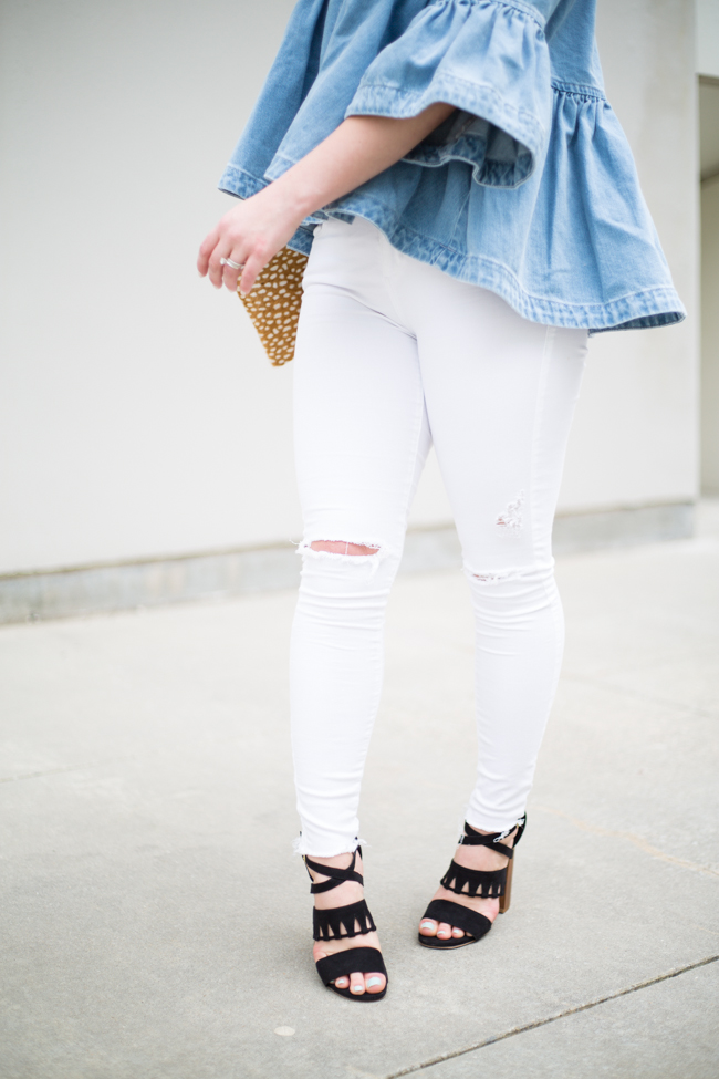Denim Frill Top With Flare Sleeves + White Skinny Jeans via @maeamor