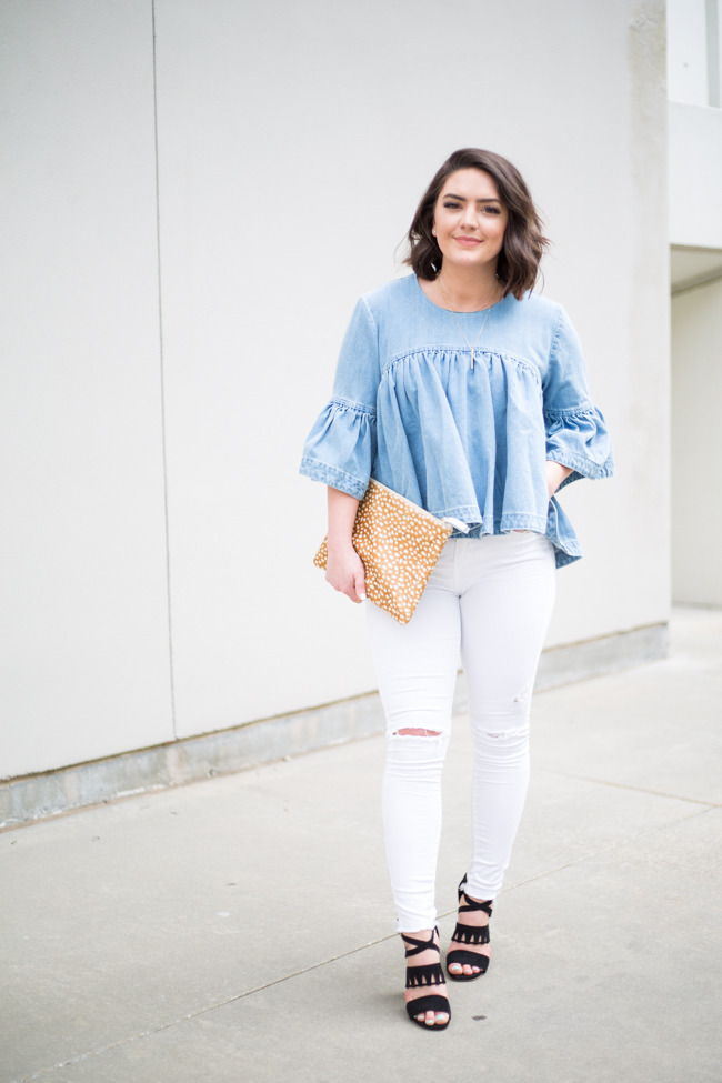 Denim Frill Top With Flare Sleeves + White Skinny Jeans via @maeamor ...