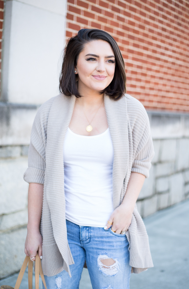 Ripped Boyfriend Jeans + Cable Knit Cardigan - via @maeamor