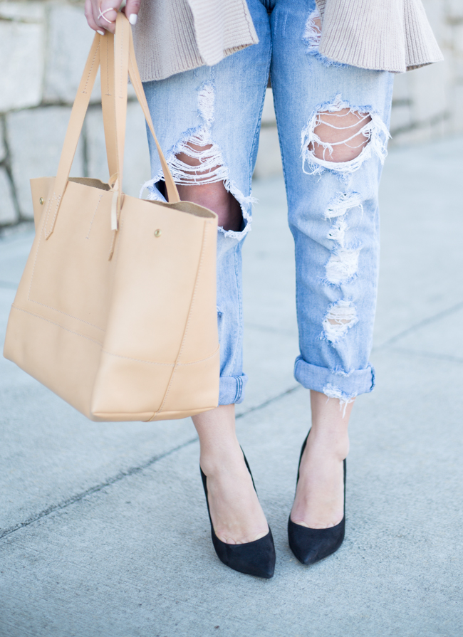 Ripped Boyfriend Jeans + Cable Knit Cardigan - via @maeamor