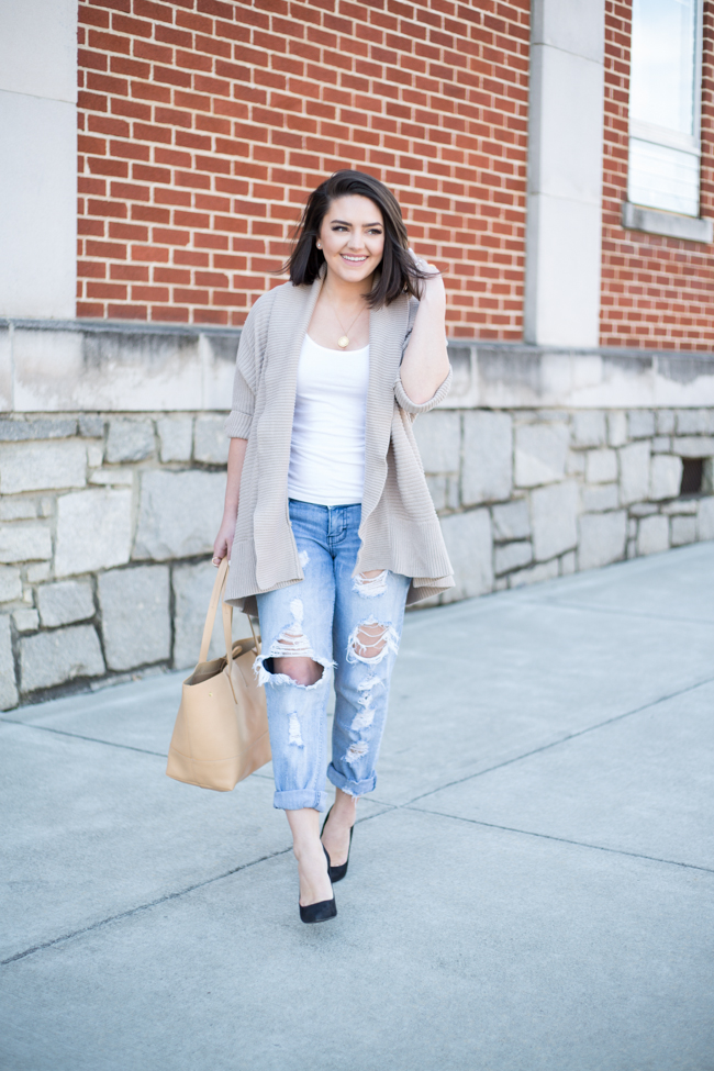 Ripped Boyfriend Jeans + Cable Knit Cardigan - via @maeamor