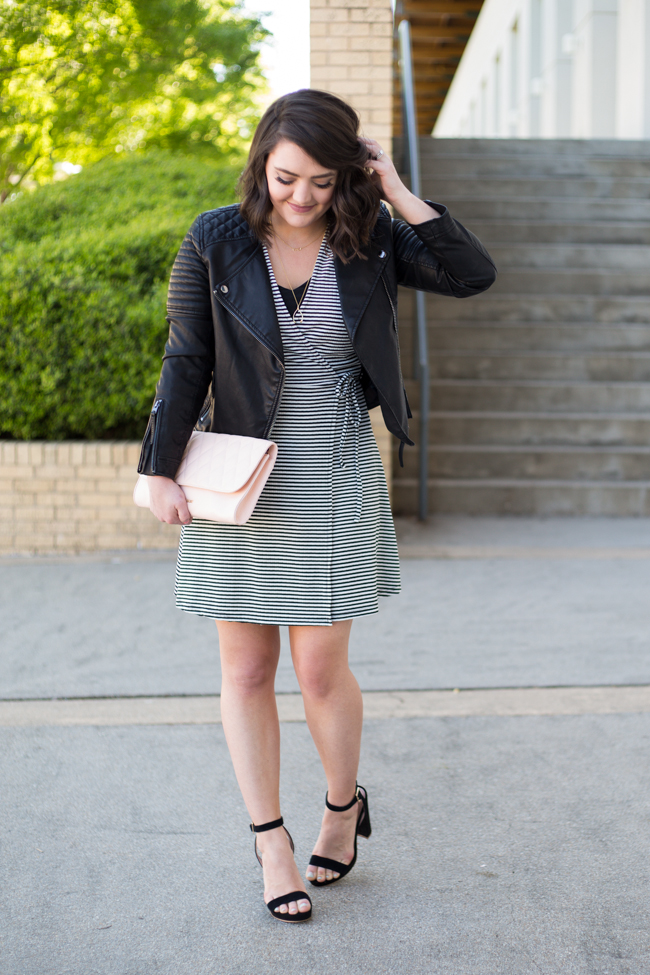 Girls night out striped wrap dress and quilted faux leather jacket - via @maeamor @Topshop