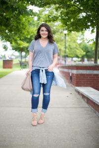 How to Wear a Shirt Tied Around Your Waist - via @maeamor gingham shirt, v-neck tee, AG Jeans, Sole Society, Asos, Forever21