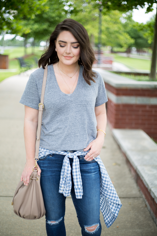 How to Wear a Shirt Tied Around Your Waist - via @maeamor gingham shirt, v-neck tee, AG Jeans, Sole Society, Asos, Forever21