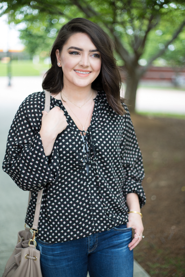 WAYF Lace-Up Blouse with AG Jeans, Bucket Bag, and Flatform Sandals - via @maeamor