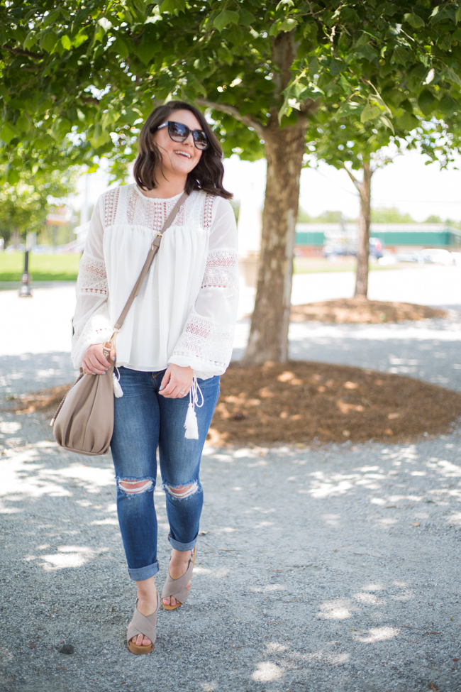 White Blouse with Tassels and Distressed Jeans - via @maeamor