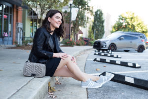 DSW Sneakers Gray Adidas with bodycon dress - via @maeamor