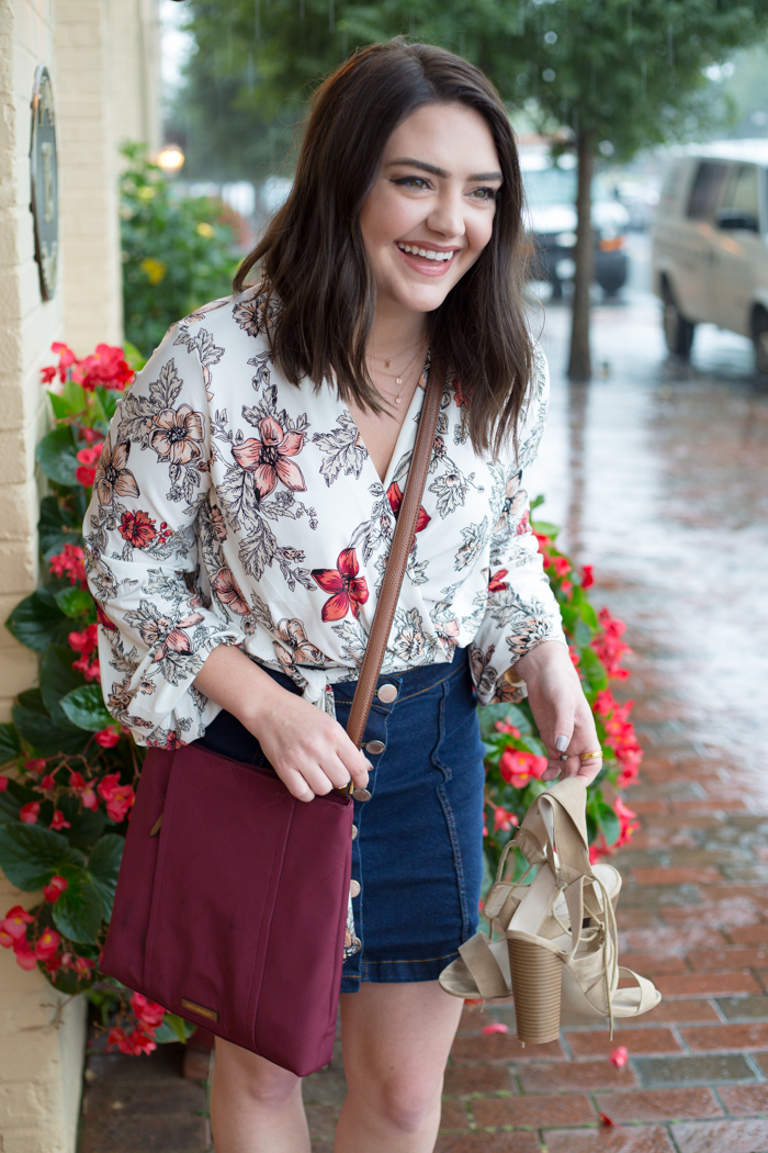 Vera Bradley Preppy Poly Moly Crossbody for lunch date - via @maeamor @verabradley denim button through skirt, bell sleeve wraparound floral blouse, lace up heeled sandals, fall