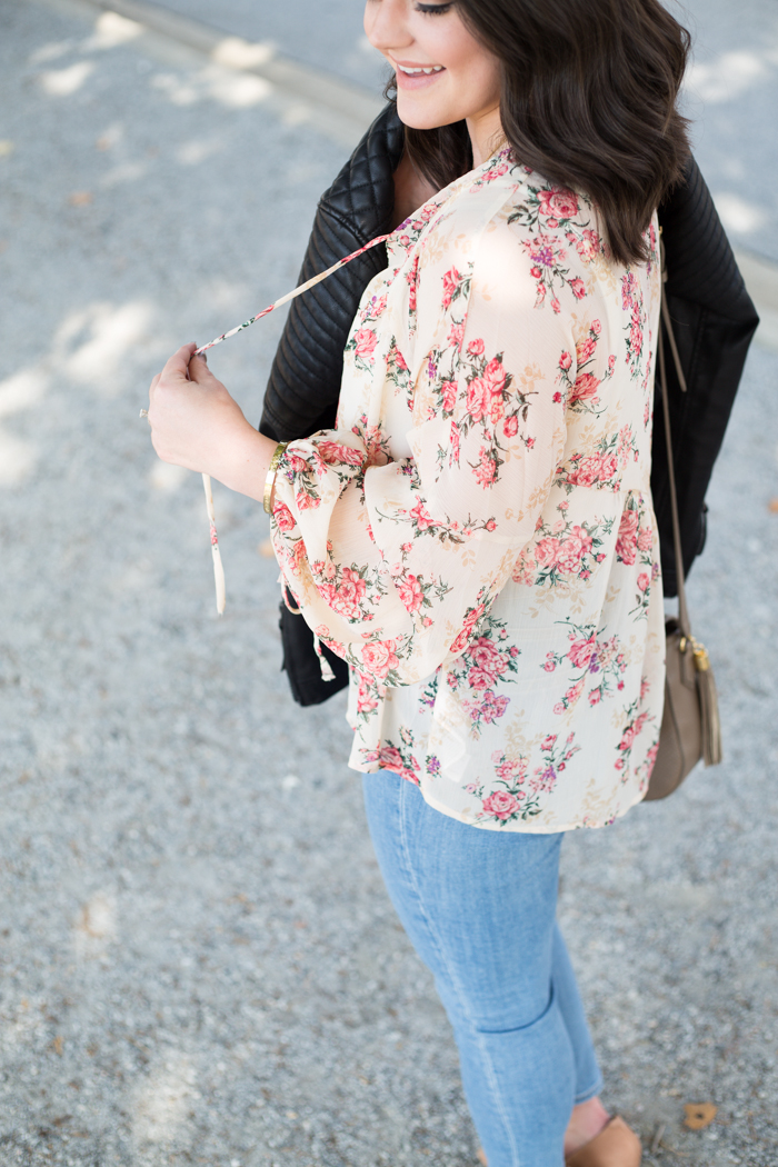 How to Wear Florals for Fall: Floral Blouse + Leather Jacket - via @maeamor