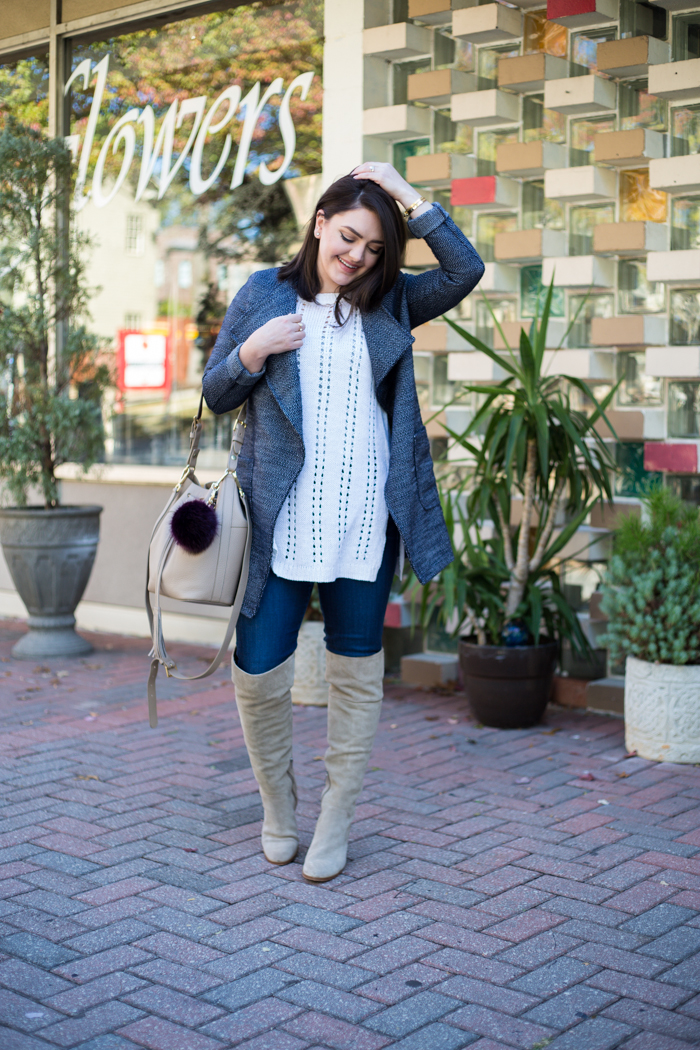 Navy Waterfall Jacket, Over the Knee Boots, Sleeveless Sweater - via @maeamor