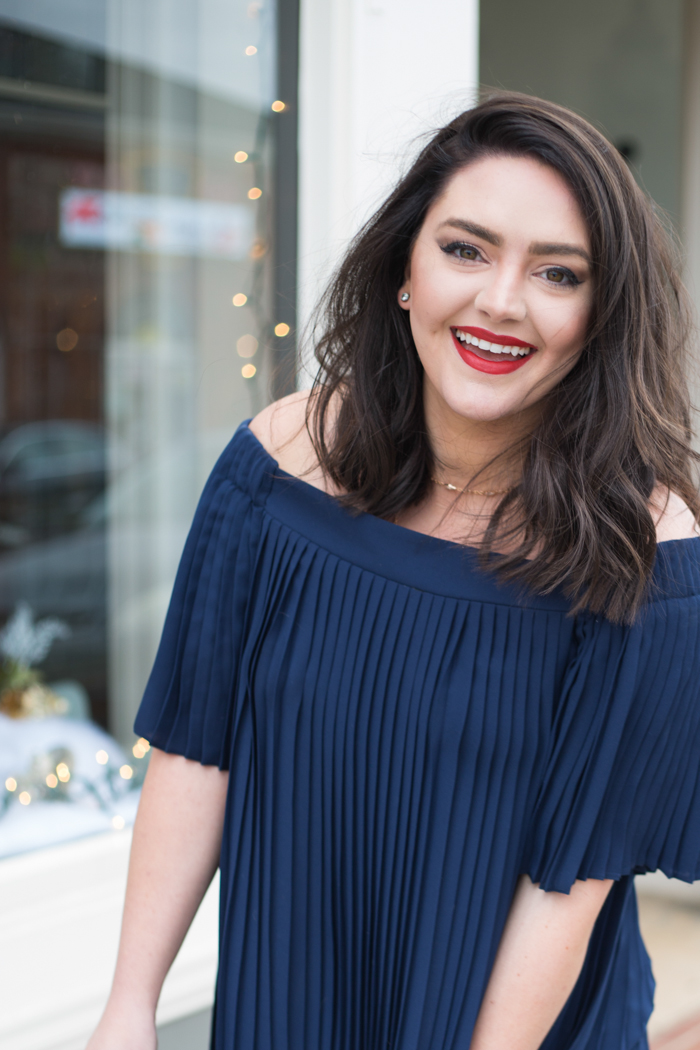 Navy Pleated Off-the-Shoulder Dress | Holiday dresses | Bold Red Lip ...