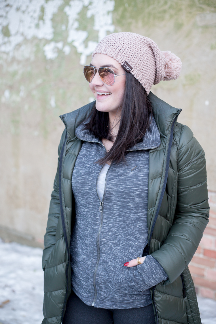 BCBGeneration Missy Long Packable Puffer Coat | Pink Beanie | Fabletics Leggings | Sorel Out N About Boots | GiGi New York Bucket Bag - via @maeamor