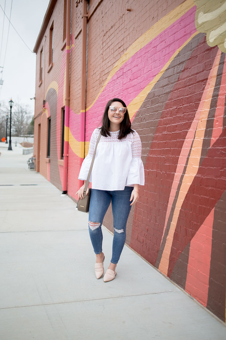 White Crochet Bell Sleeve Top | Topshop Jamie Jeans | GiGi New York Saddle Bag | Faux Suede Flat Mules | Pink Mirror Cateye Sunglasses | Bold Wall Mural | Duluth, GA | @maeamor