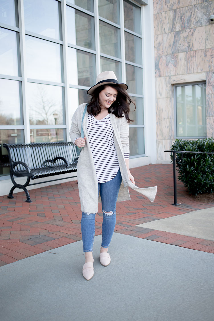 Warm Winter Days | Winter to Spring Transition | Striped tee | Flat Mules | Blue Suede Backpack | Floppy Hat | Topshop Jamie Jeans | Longline Cardigan |via @maeamor