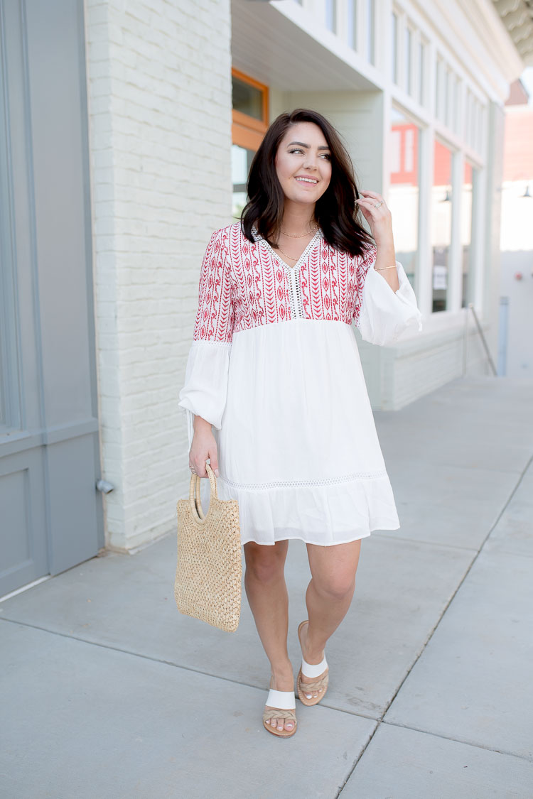White Dress Red Embroidery | Straw Bag | Soludos Sandals | via @maeamor