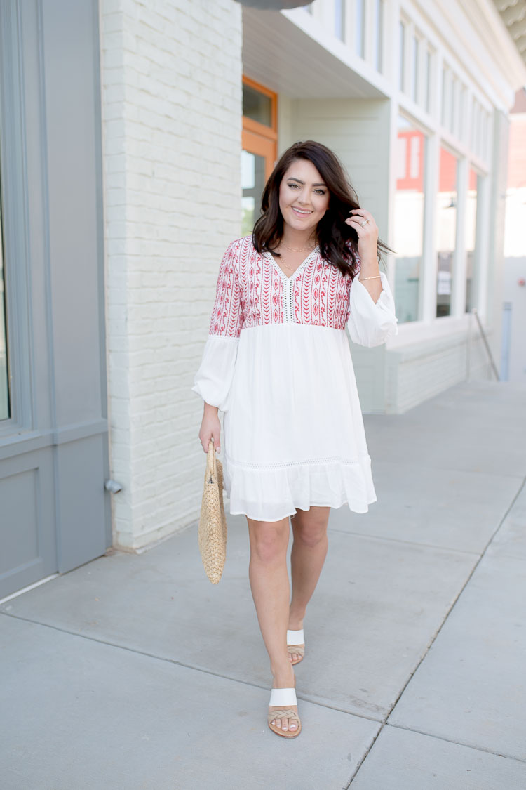 White Dress Red Embroidery | Straw Bag | Soludos Sandals | via @maeamor