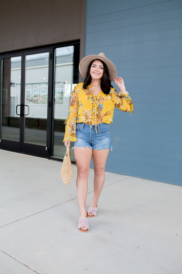 Yellow Floral Bell Sleeve Blouse | Mauve Suede Knot Slides | Straw Bag | High Waisted Denim Cutoffs | Straw Hat | via @maeamor